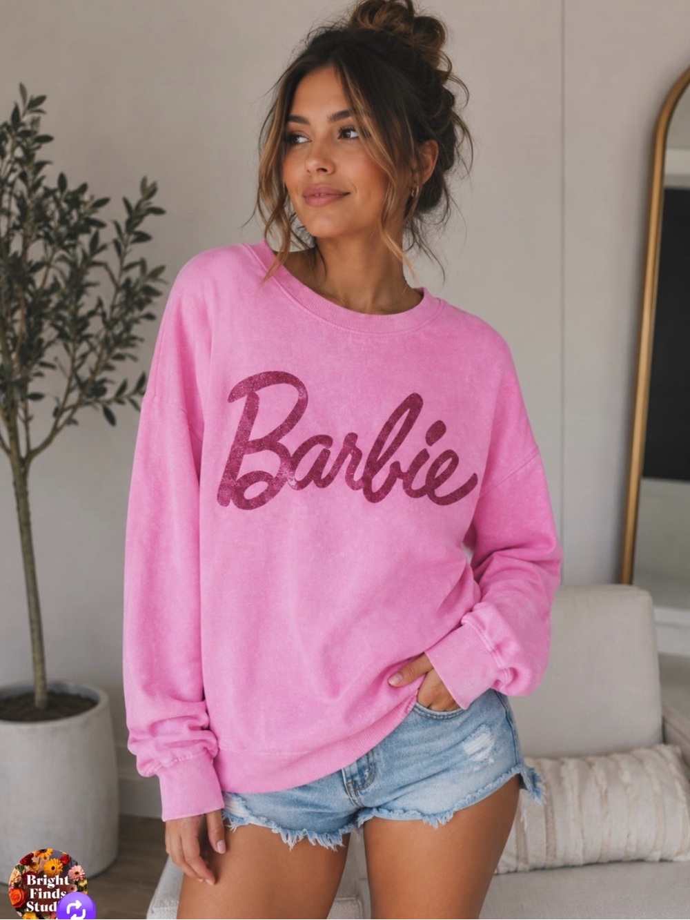 Barbie Pink Logo Distressed Pullover Sweatshirt - Women's Medium